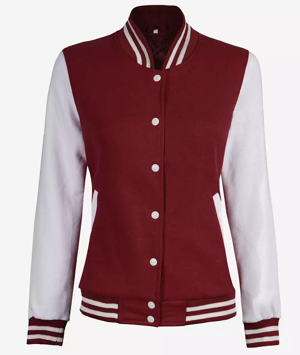 Womens Maroon Varsity Jacket with White Sleeves - Baseball Style Jacket